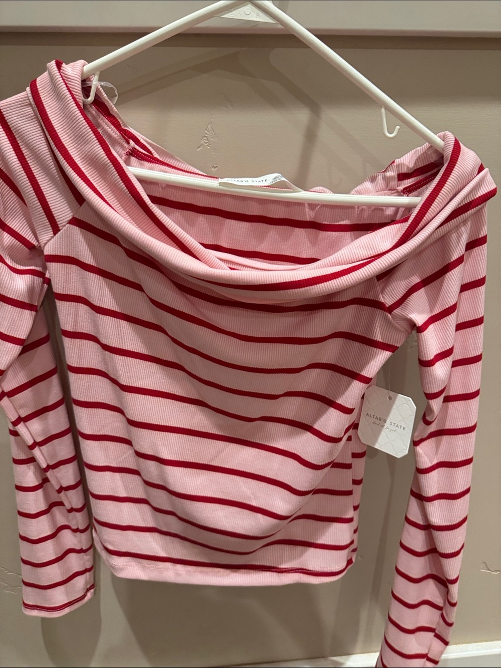 Altar'd State Pink and Red Striped Off-Shoulder Long Sleeve Top